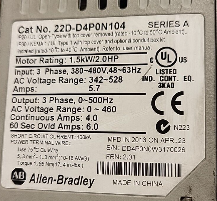 Allen-Bradley # 22D-D4P0N104 PowerFlex 40  1.5kW 2.0Hp AC(BIN3.3.1)