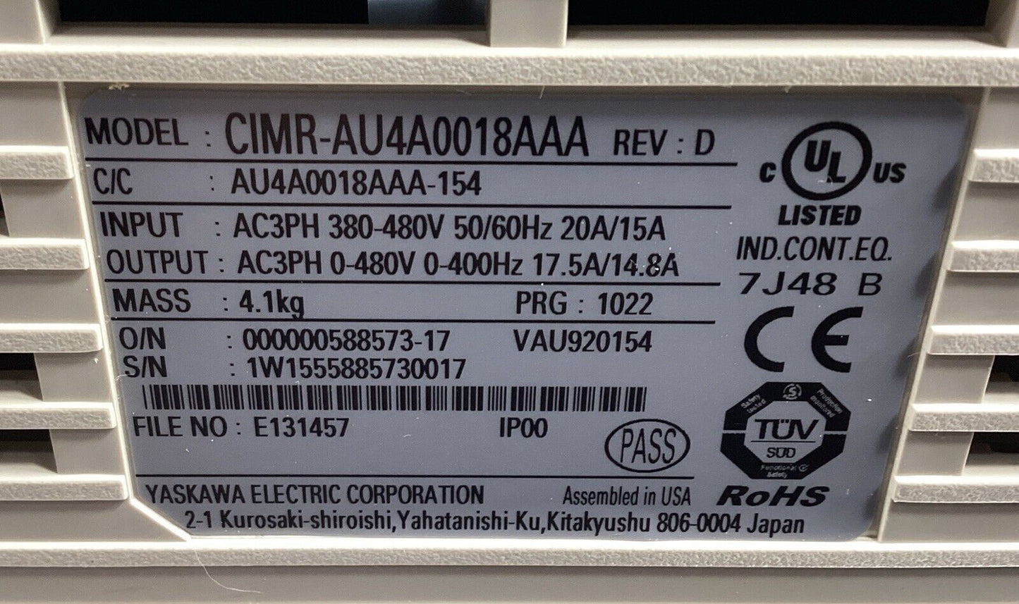 YASKAWA ELECTRIC  CIMR-AU4A0018AAA /D  Out: 0-480VAC 3Ph 0-400Hz       1C-03