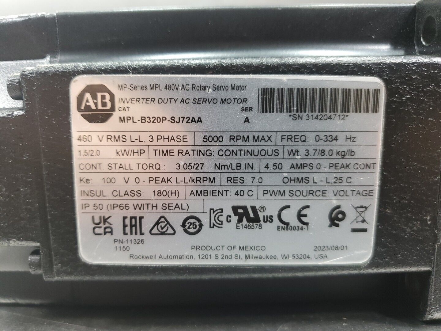 Allen Bradley MPL-B320P-SJ72AA Ser A Inverter AC Servo Motor, 5000 RPM.       1C