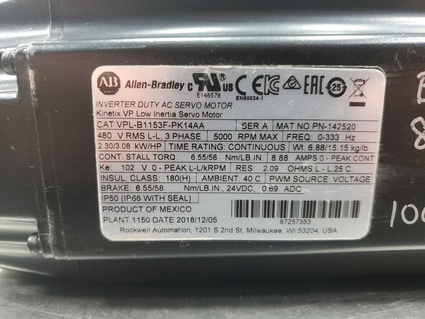 Allen-Bradley VPL-B1153F-PK14AA Kenetix VP Low Inertia Servo Motor, 5000 RPM  1E