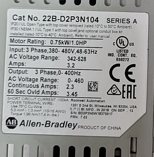 Allen Bradley 22B-D2P3N104 22BD2P3N104  Series A PowerFlex 40 AC Drive(BIN3.3.1)