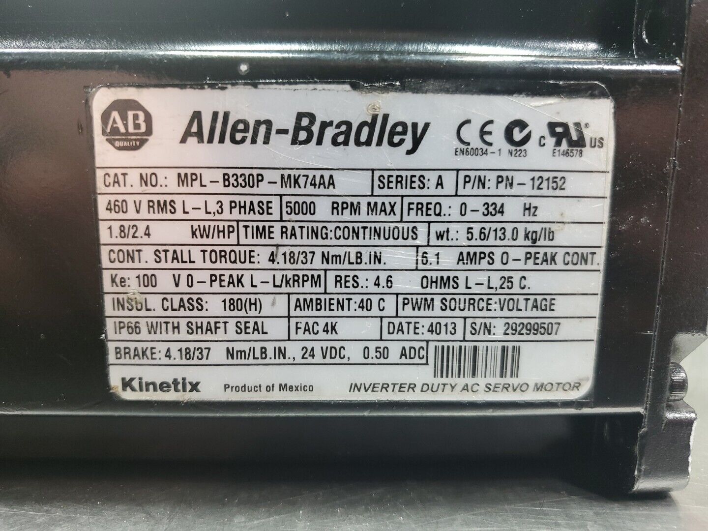 Allen Bradley MPL-B330P-MK74AA Kinetix Inverter Duty AC Servo Motor, 5000RPM  1C