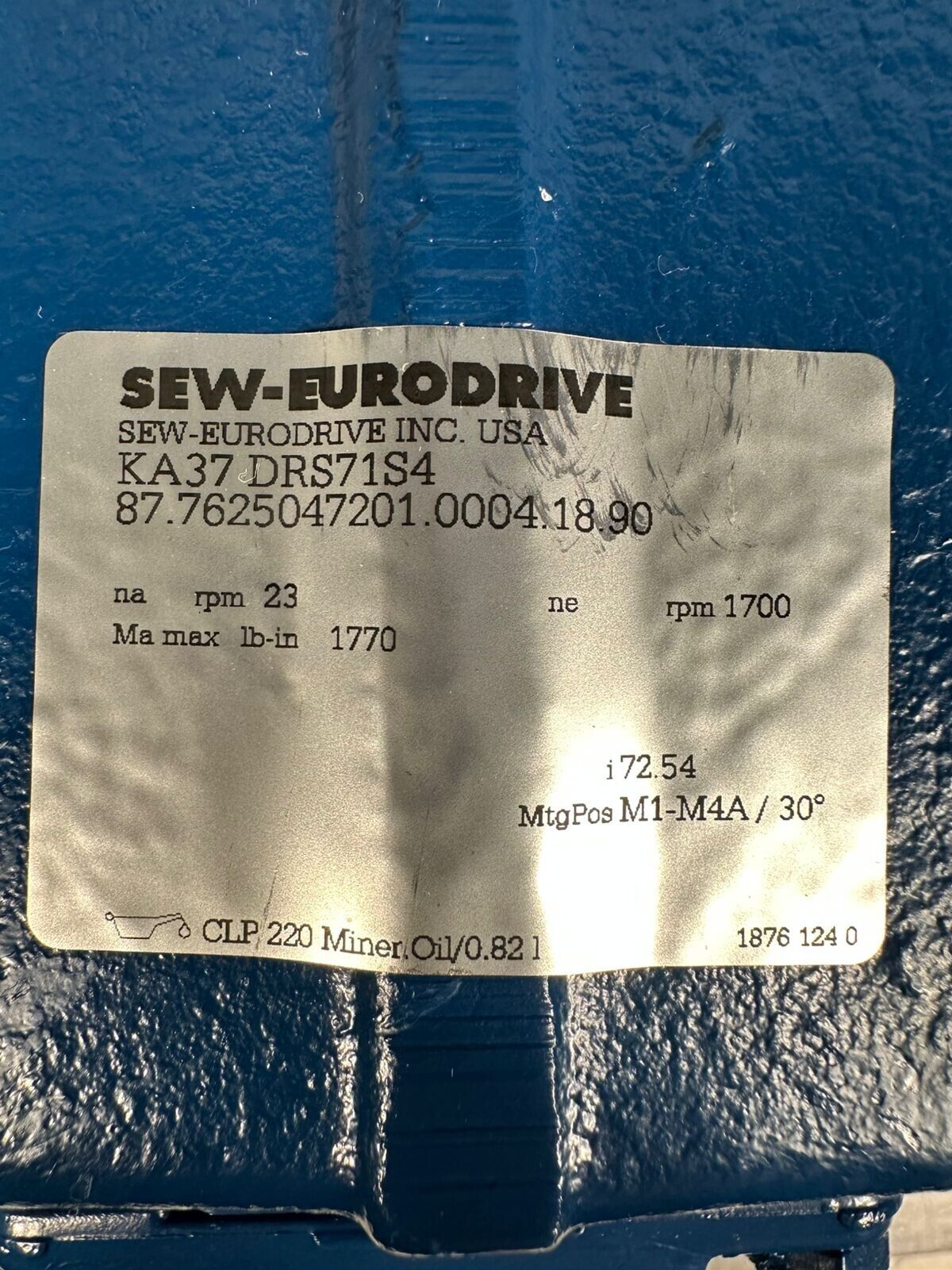 Sew-Eurodrive KA37 DRS71S4 GEAR MOTOR 1700/23 RPM  KA37DRS71S4 (1F-16.1)