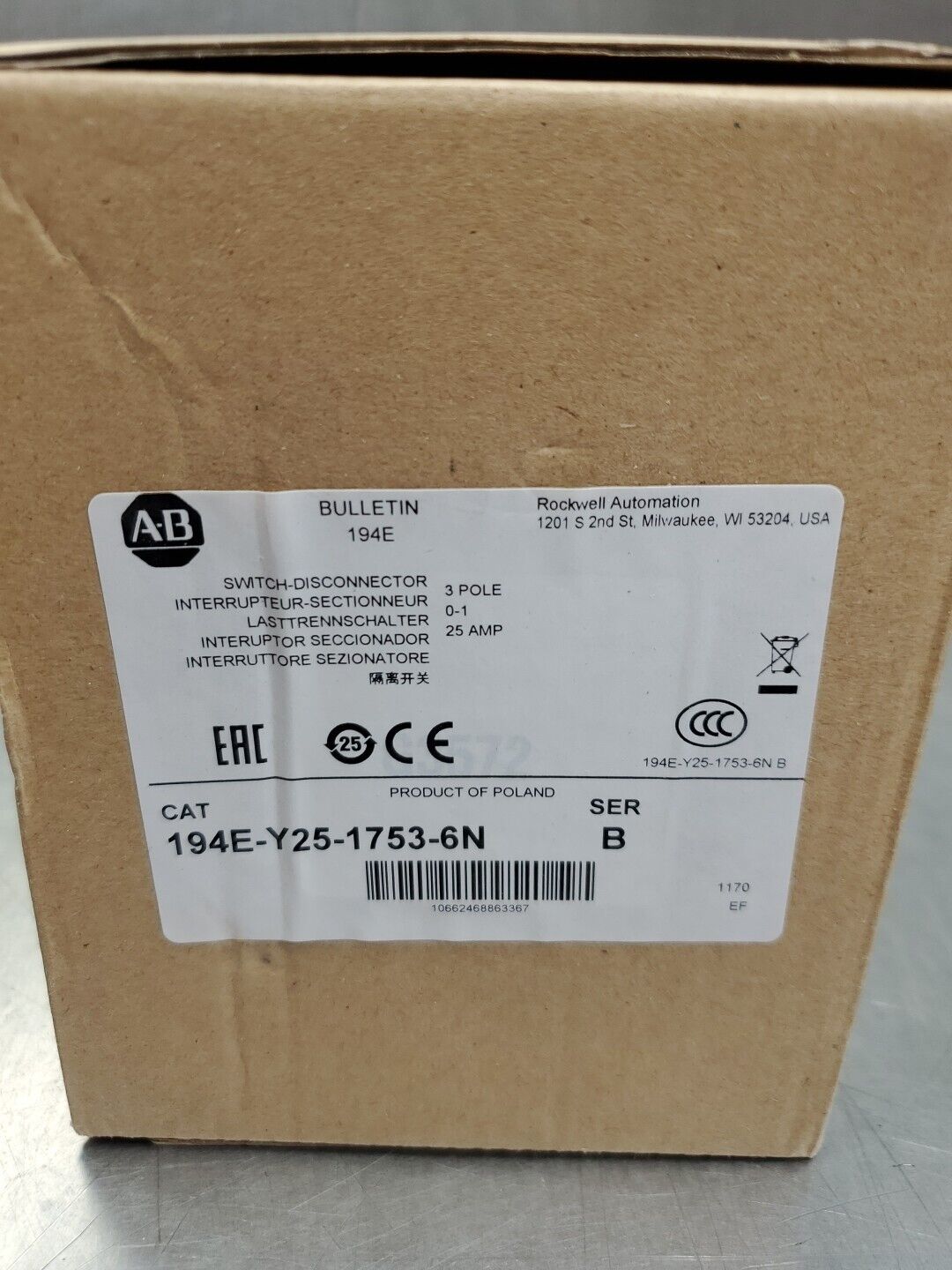 Allen Bradley 194E-Y25-1753-6N Ser B Disconnect Switch, 25A 3P.            4A-32