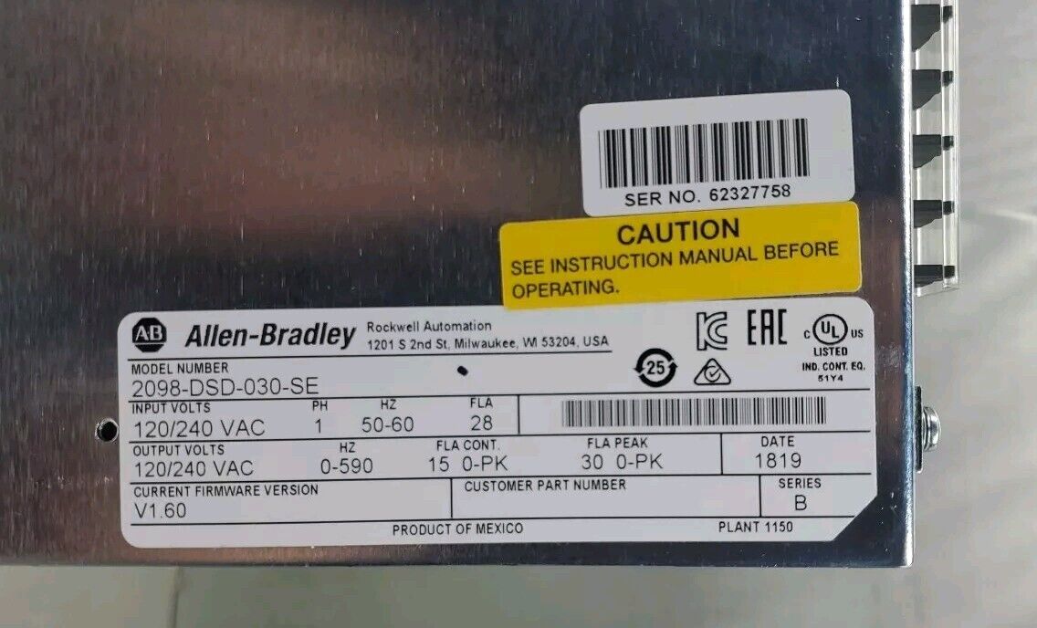 Allen Bradley 2098-DSD-030-SE Ser B Servo Drive, Firm.Rev V1.60.           1-E11