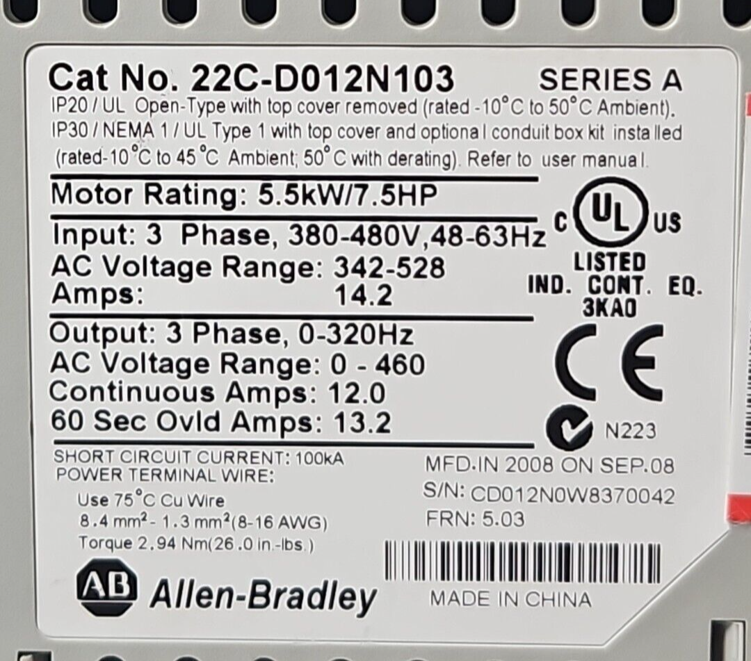 Allen Bradley 22C-D012N103 Ser A 5.5kW/7.5Hp AC Drive                   (BIN141)