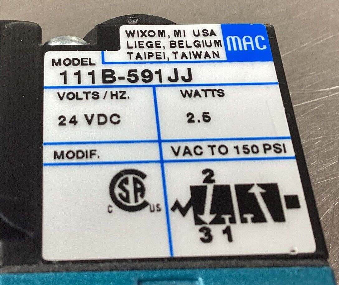 MAC Solenoid Valve  111B-591JJ  24VDC 2.5W 150 PSI        6B-3