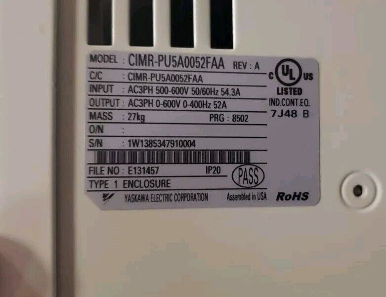 Yaskawa CIMR-PU5A0052FAA Rev.A AC Drive, 52A 3PH 600VAC.                   1D-36