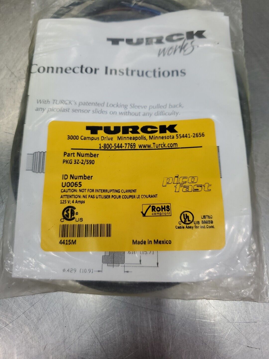 TURCK PKG 3Z-2/S90 picofast PLC Cable, ID#U0065.                         5D-35/6