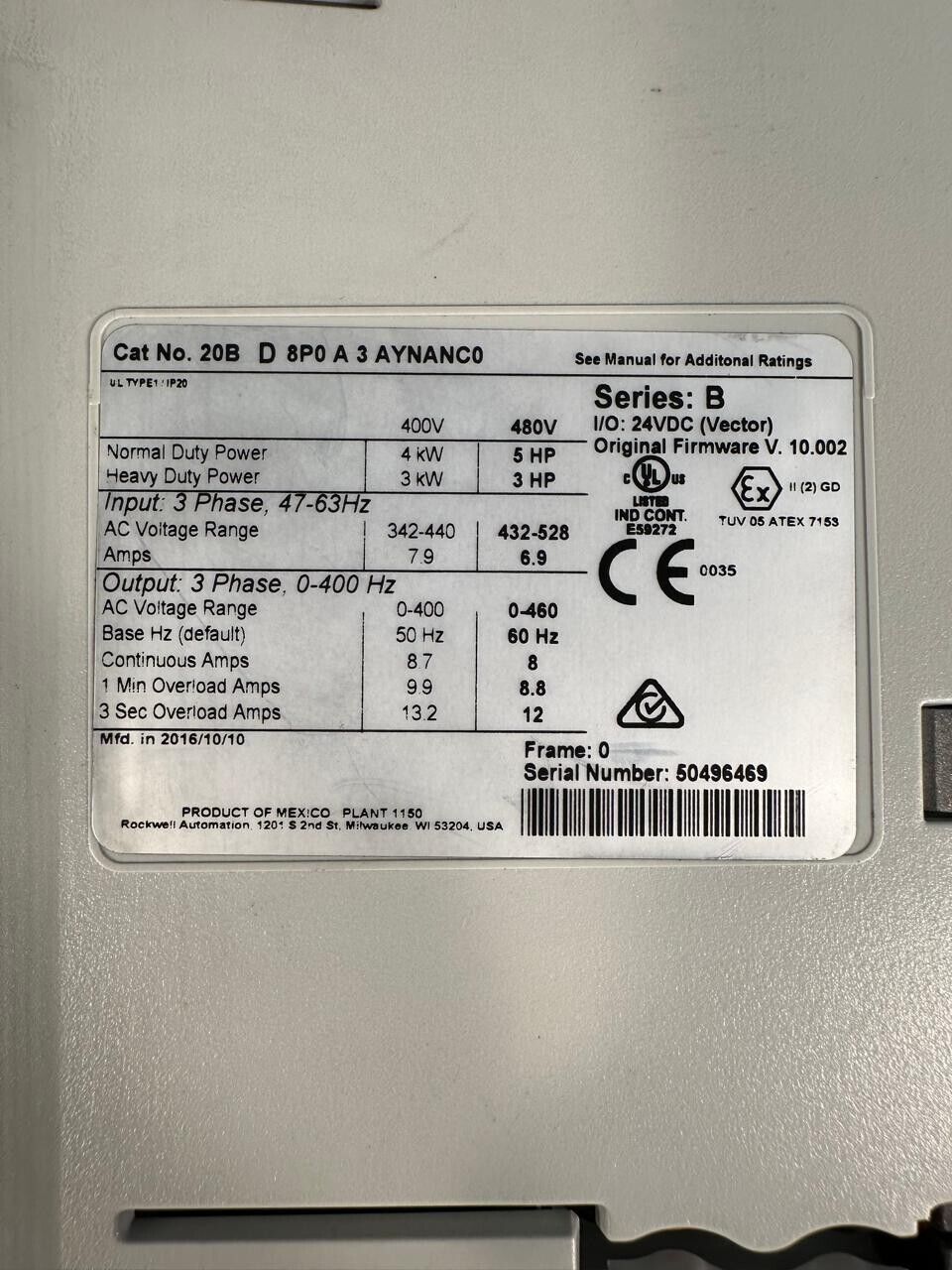 Allen Bradley PowerFlex700 20BD8P0A3 AYNANC0 Ser. B 3Ph  480v (1D-07)