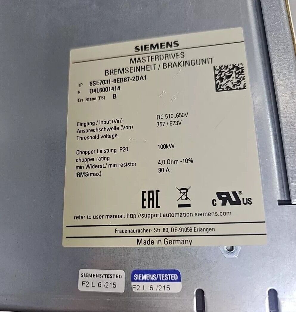 SIEMENS 6SE7031-6EB87-2DA1 Braking Unit Input Dc 510v-650v.    Loc1B