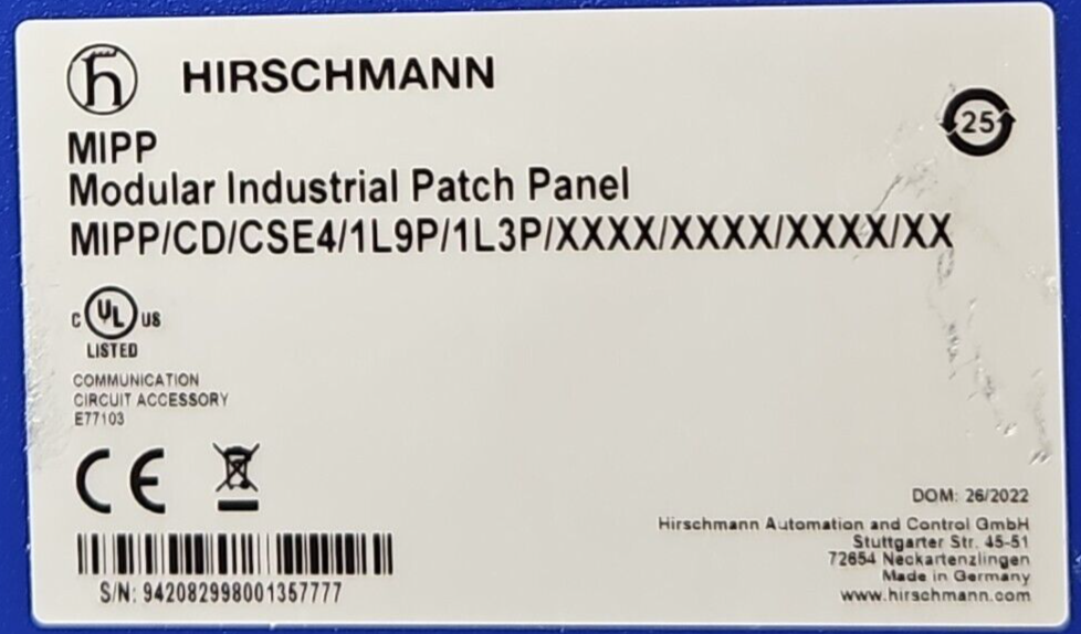 HIRSCHMANN MIPP/CD/CSE4/1L9P/1L3P Industrial Patch Panel                (BIN412)