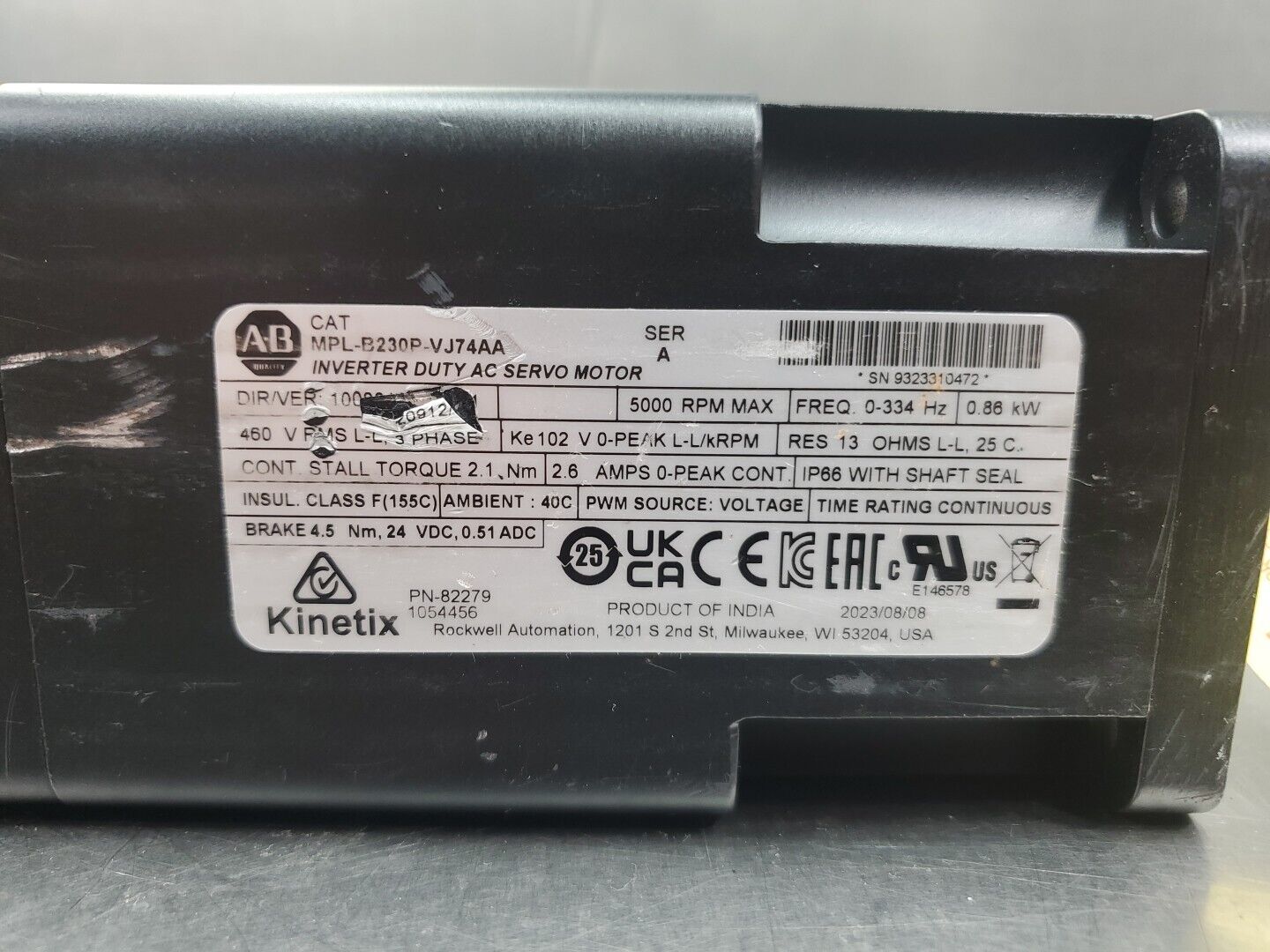 Allen Bradley MPL-B230P-VJ74AA Inverter Duty AC Servo Motor, 5000 RPM.        1C