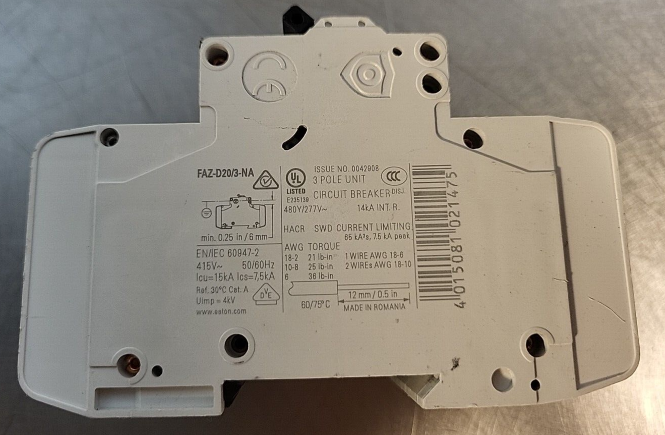 Eaton FAZ-D20/3-NA 20A 3-Pole   Circuit Breaker   .(  BIN 3.5.1)