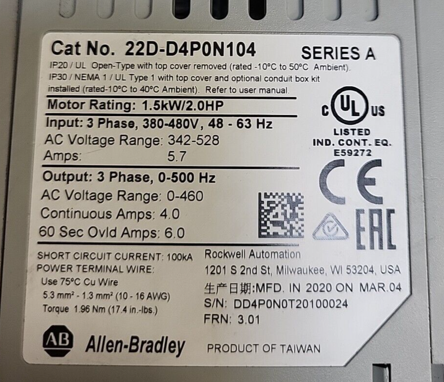 Allen Bradley 22D-D4PON104  Powerflex40  Series A  Drive  (BIN3.3.1)