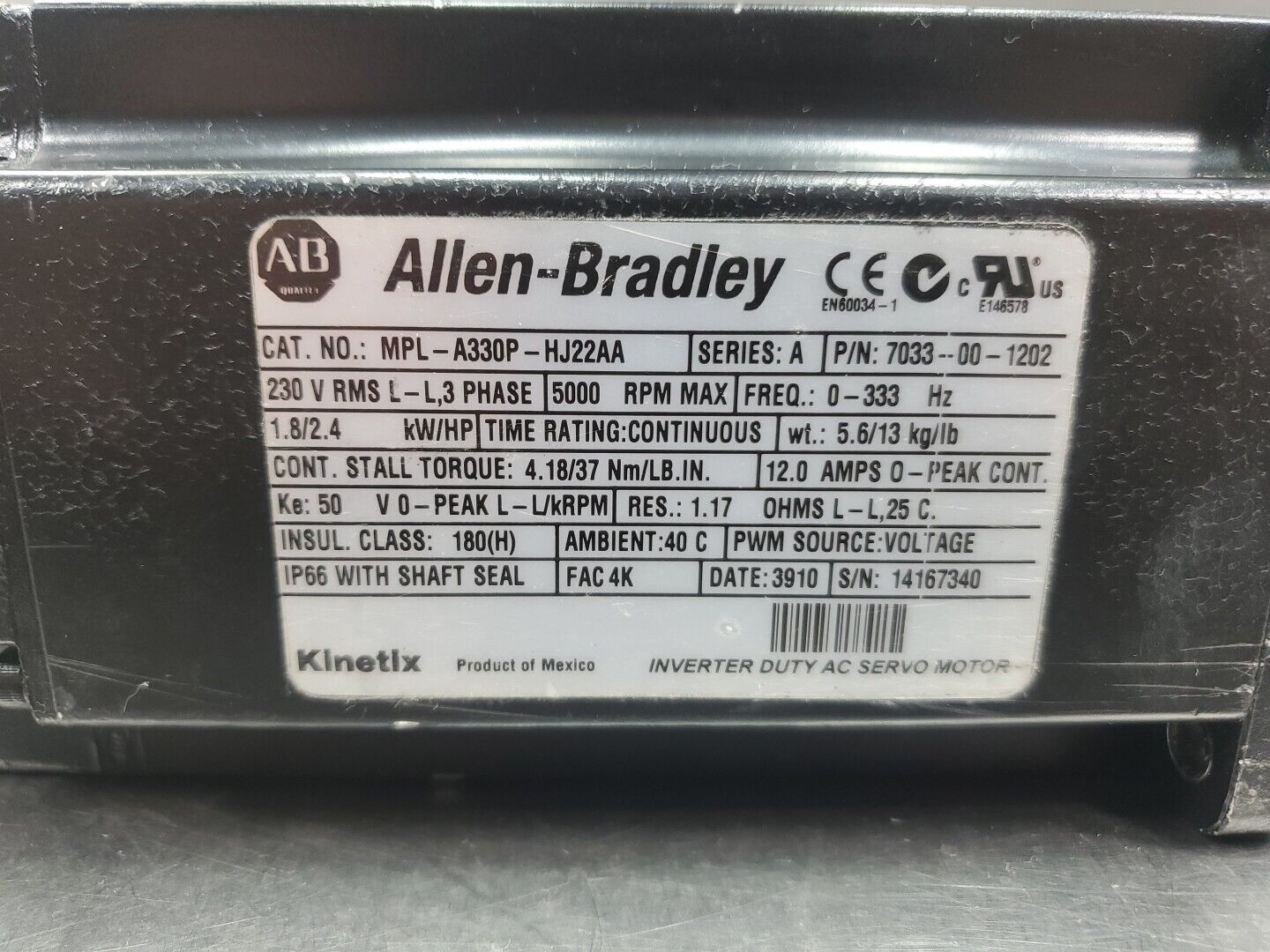 Allen Bradley MPL-A330P-HJ22AA Kinetix Inverter AC Servo Motor, 5000 RPM.     1C