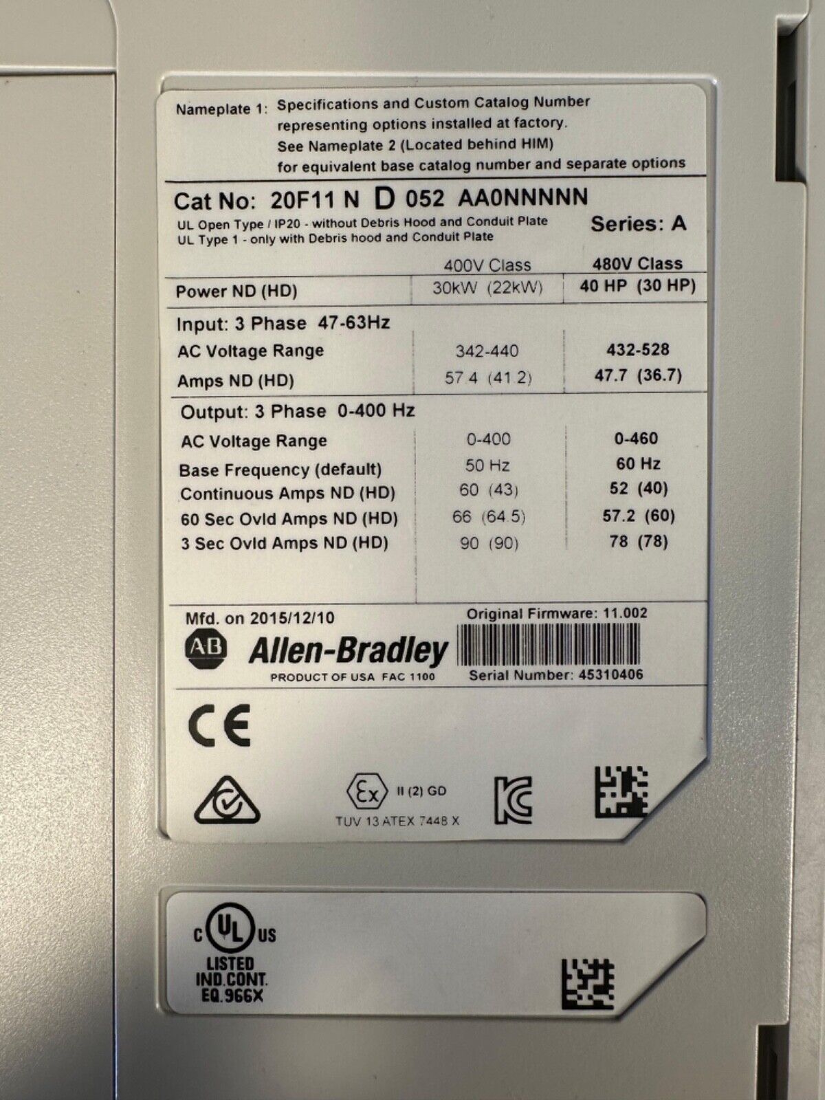 MA-162 Allen Bradley PowerFlex 753 20F11ND052AA0NNNNN   Drive (1A-22/24)