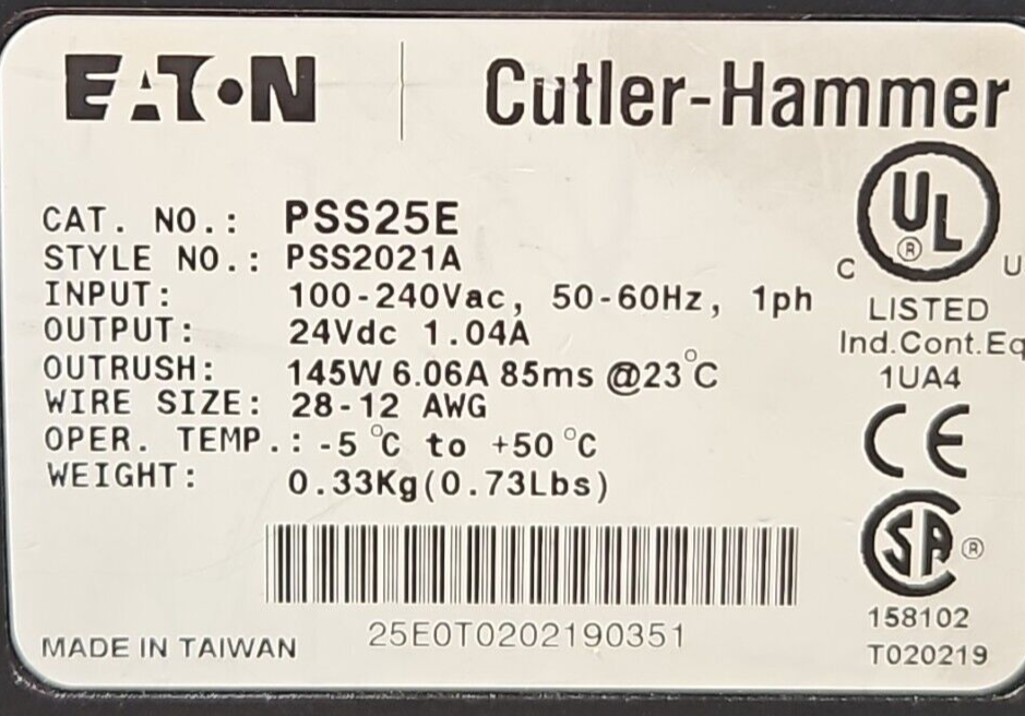 Eaton Cutler Hammer PSS25E Switching Power Supply 100-240 VAC 24VDC   (BIN3.4.4)