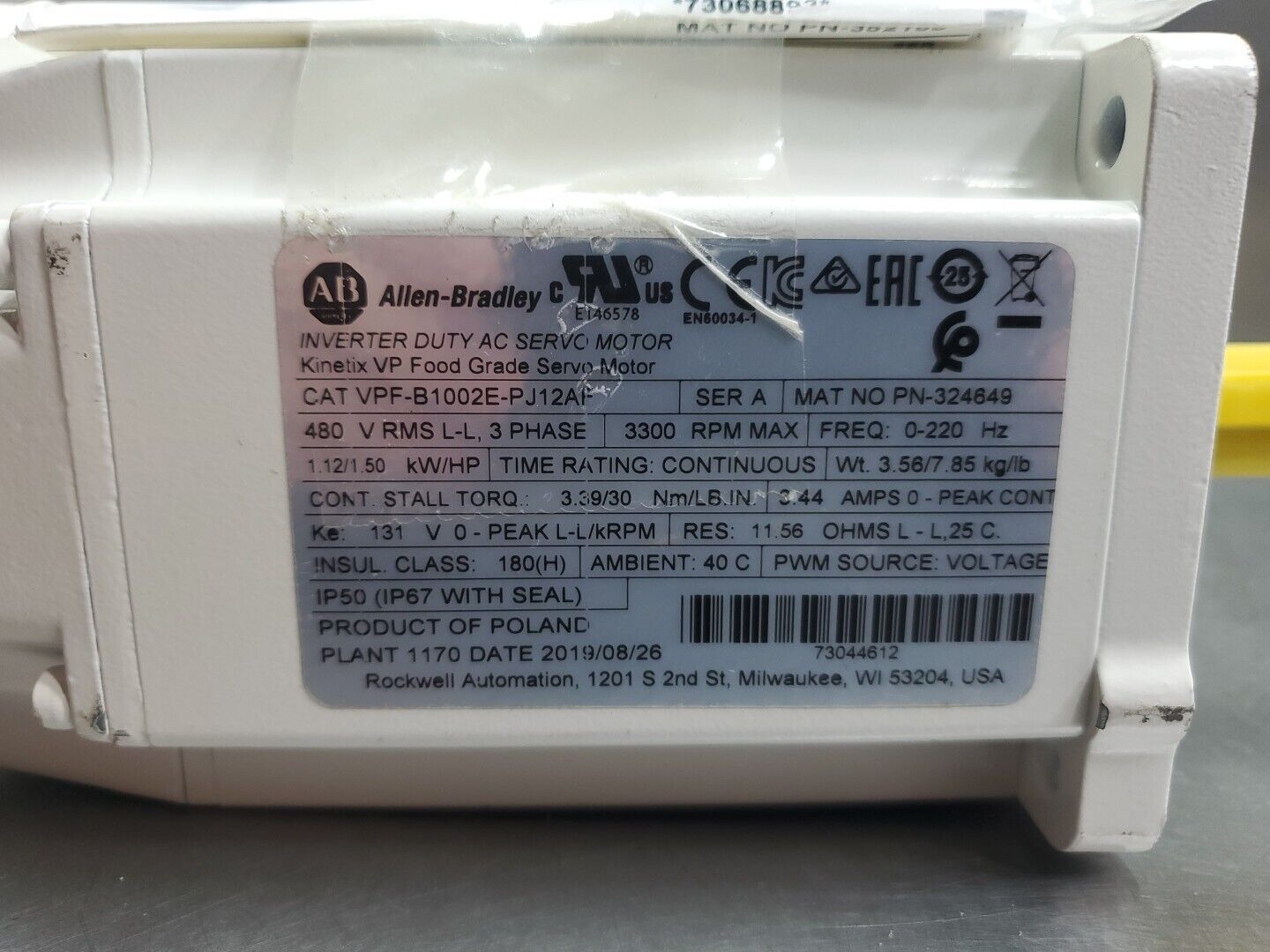 Allen Bradley VPF-B1002E-PJ12AF Kinetix Food Grade Servo Motor, 3300 RPM.     1C