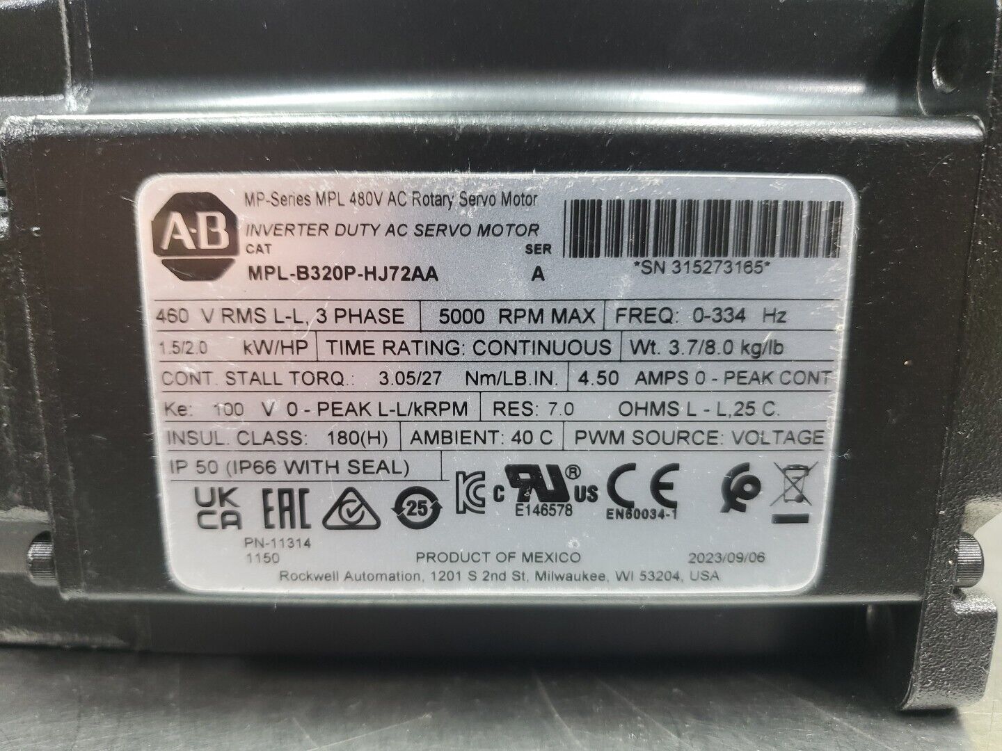 ALLEN BRADLEY MPL-B320P-HJ72AA MPL AC ROTARY SERVO MOTOR, 5000RPM.            1C