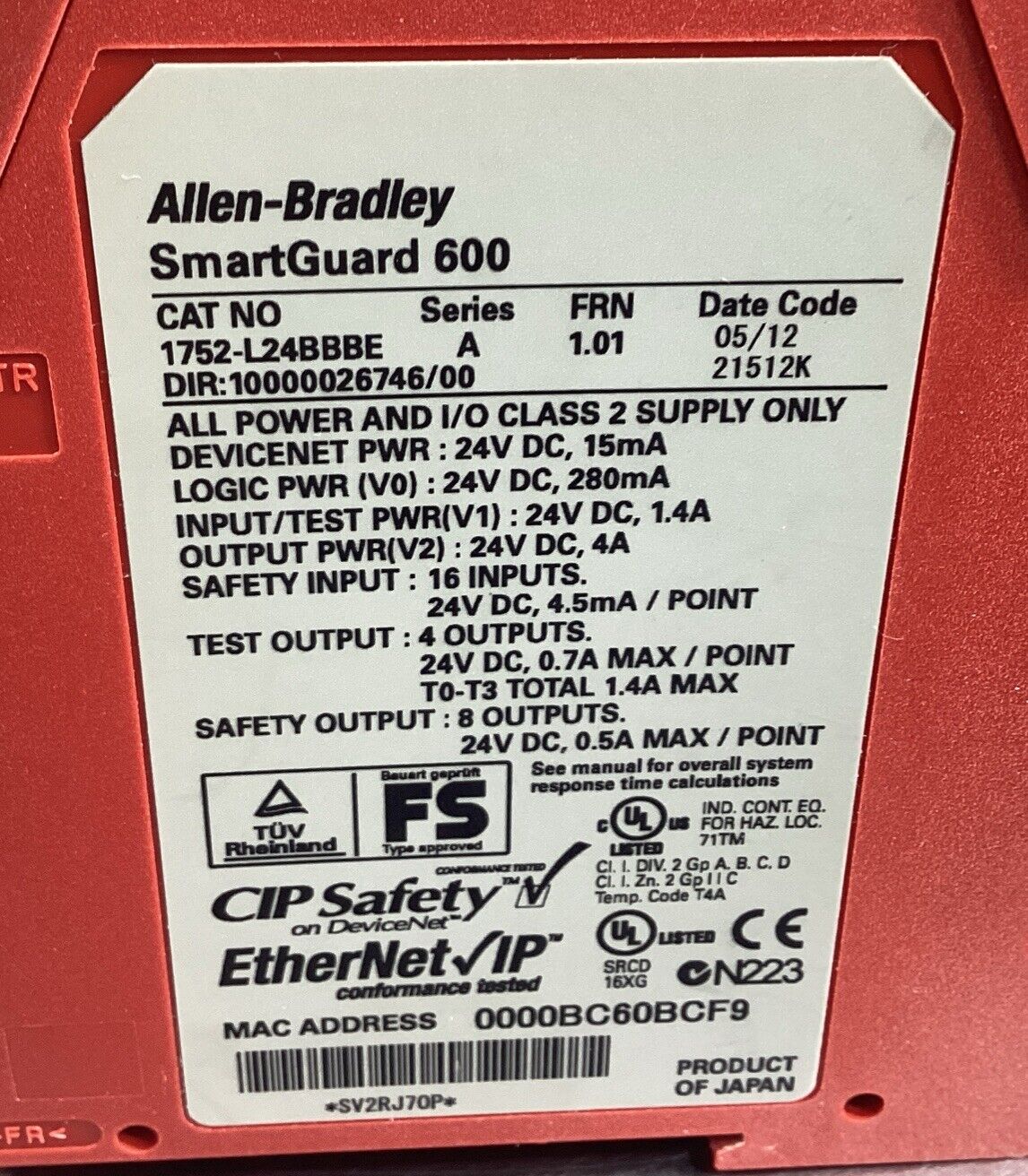 Allen Bradley  1752-L24BBBE /A  SmartGuard 600 Safety Relay FRN 1.01      5D-15