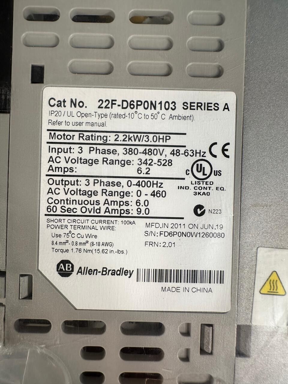 Allen-Bradley 22F-D6P0N103 PowerFlex 4M 3HP AC Drive (1C-03)