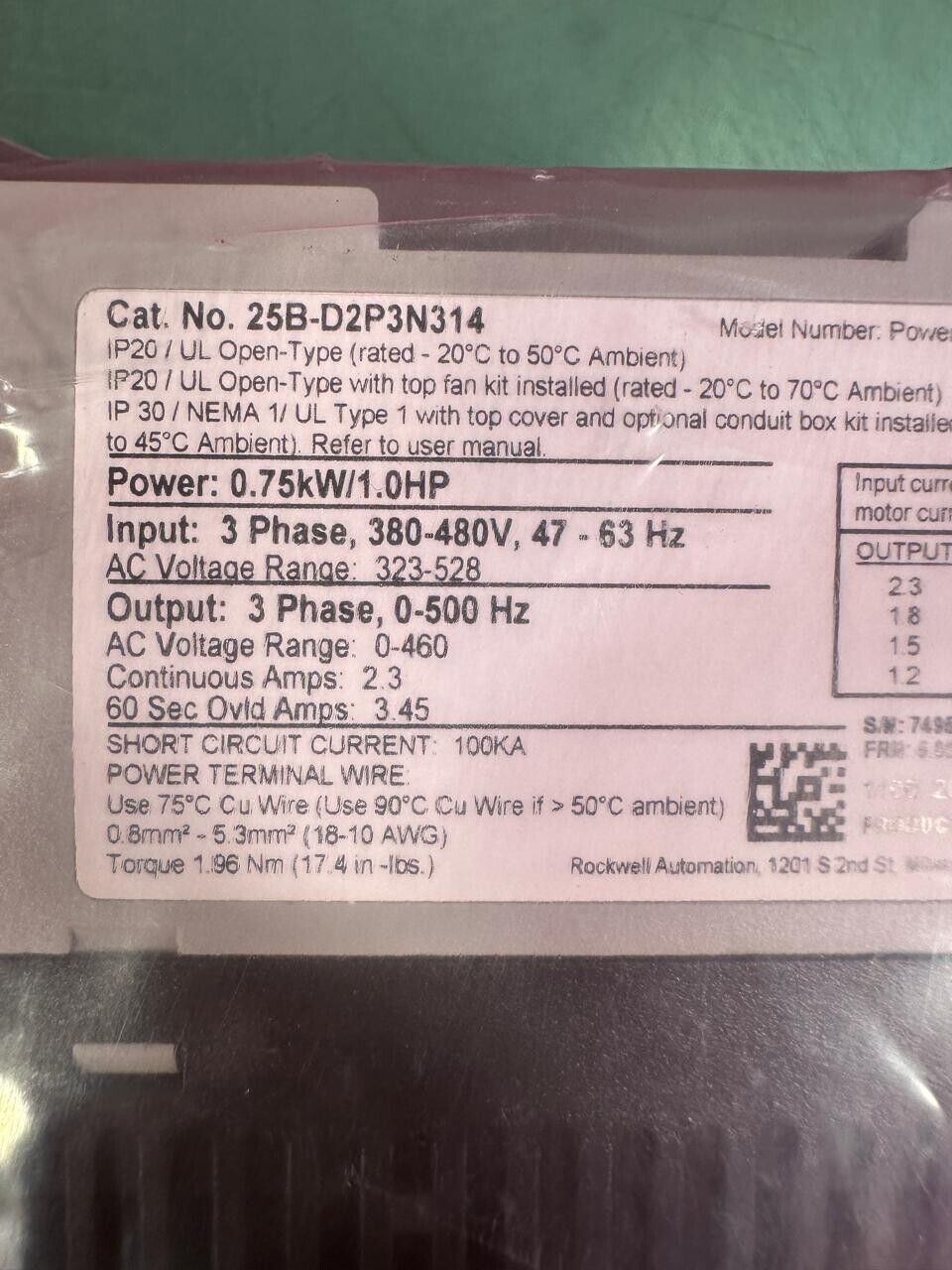 New Allen Bradley 25B-D2P3N314 PowerFlex 525 0.75kW / 1Hp (1E-03)