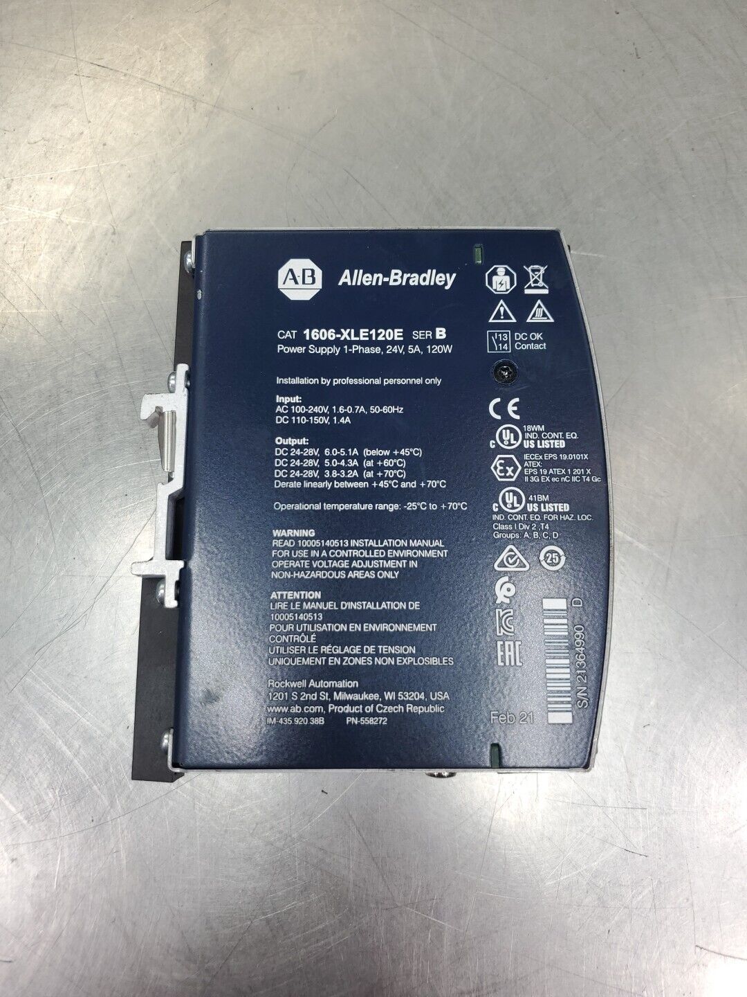 Allen-Bradley 1606-XLE120E Ser B Power Supply, 120W 24VDC 5A.              4B-12