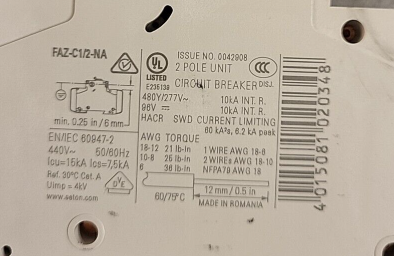 Eaton  FAZ-C1/2 - NA     Circuit Breaker       2pole Unit    (BIN 3.5.2)