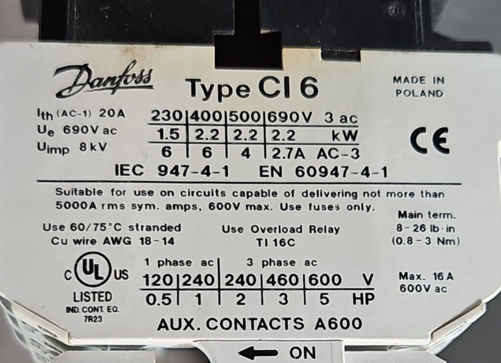 Danfoss  CI6 / 037H0111 Contactor W/Auxiliary Contact Block              loc4D13