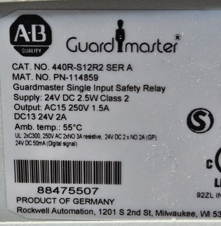 Allen Bradley 440R-S12R2 24VDC Guardmaster Single Input Safety Relay     Loc4C20