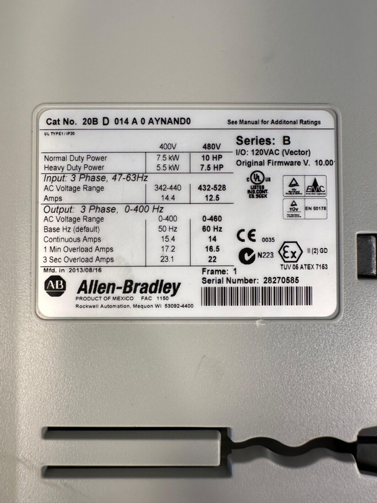 Allen Bradley 20BD014A0AYNAND0 Power Flex 700 (1D-25)