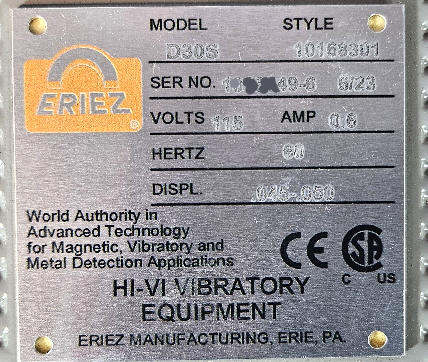 Eriez D30N  Hi-Vi Vibratory Equipment  Electromagnetic                   loc4E31