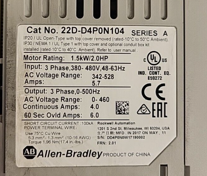 Allen Bradley #  22D-D4P0N104   Power Flex- 40  SERIES A  2. 0     (BIN3.3.1)