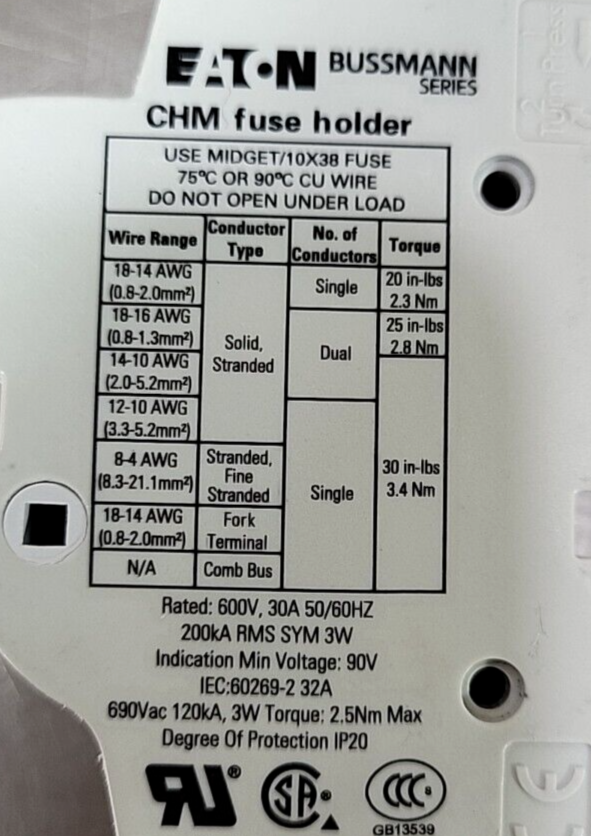 Eaton / Bussmann CHM2DIU 32A 600V Midget Fuse Holder 2 PoleIndicator( BIN 3.5.2)