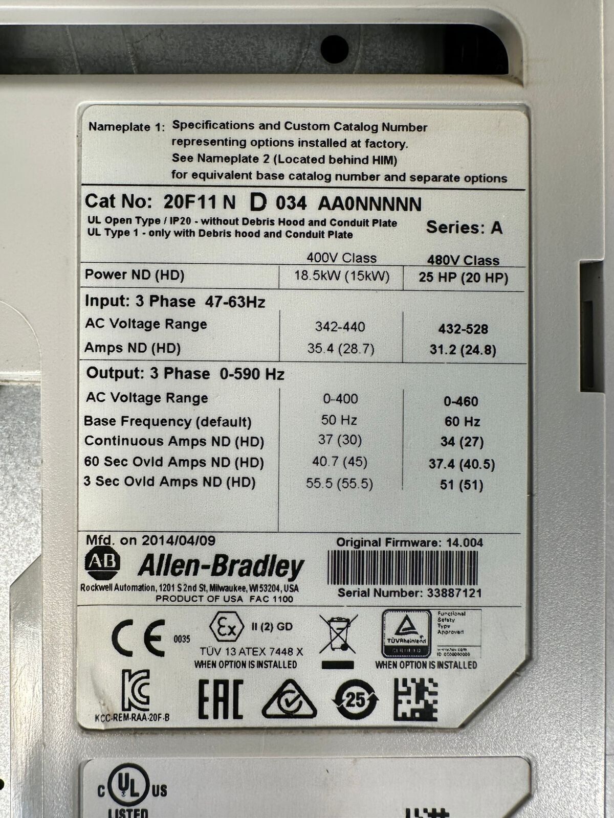 Allen Bradley 20F11ND034AA0NNNNN Ser. A PowerFlex 25HP  (REFURB) (1A-03)