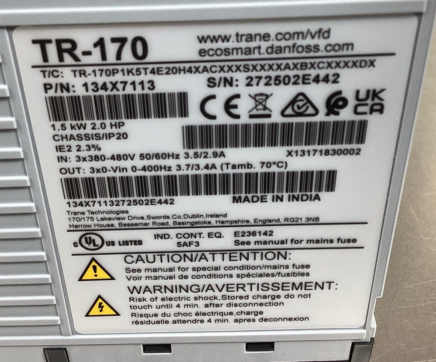 Trane TR-170 Variable Speed Drive Control  134X7113  1.5KW 2.0HP    1A-07