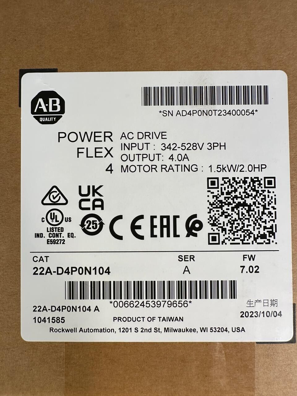 New Allen Bradley 22A-D4P0N104 Ser. A  22AD4P0N104 /A PowerFlex4  (1E-02)