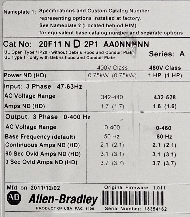 Allen Bradley 20F11ND2P1AA0NNNNN Ser A  -  AC Drive                     (BIN154)