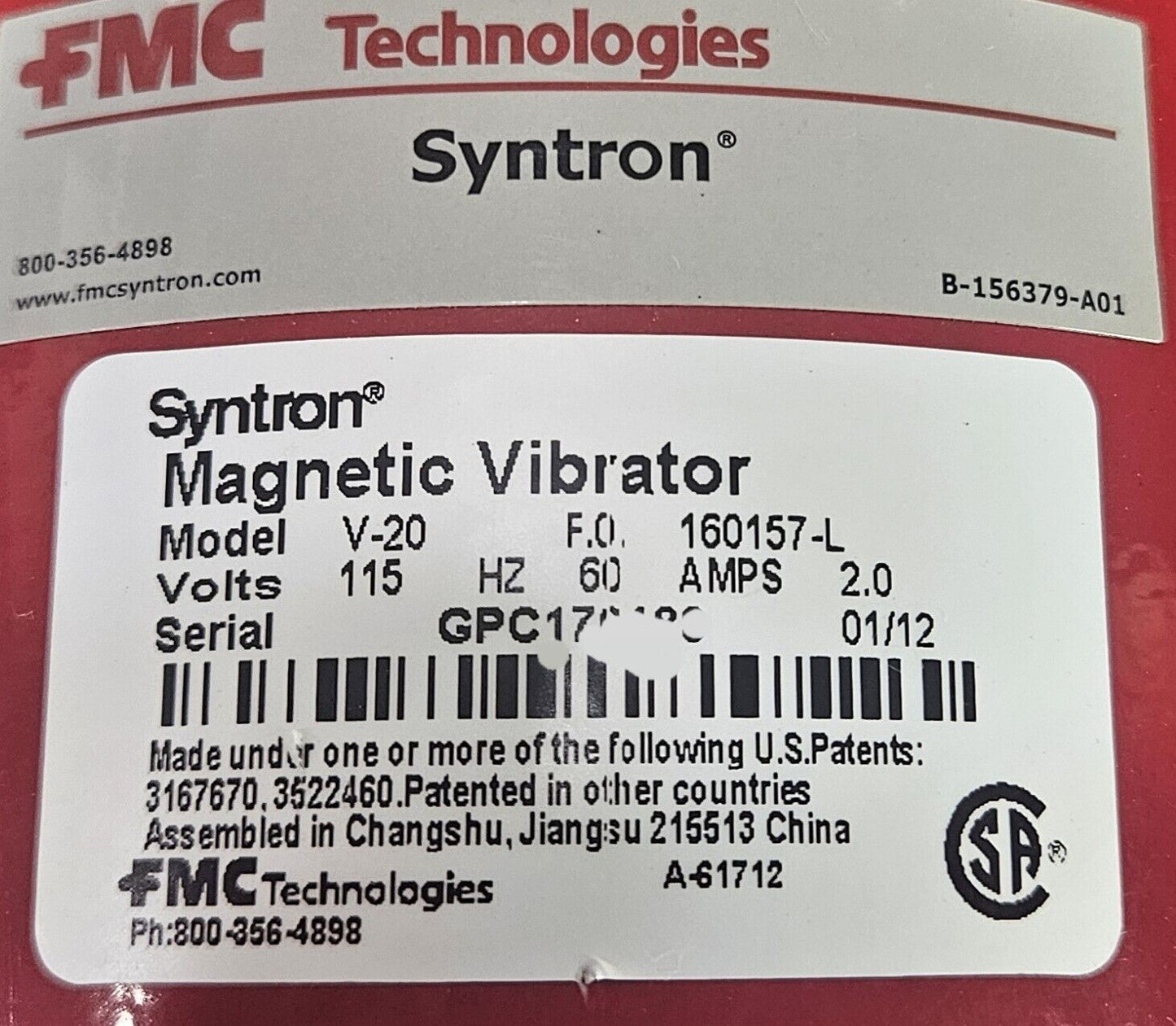 FMC Technologies Syntron V-20 160157-L Magnetic Vibrator                  loc5E6