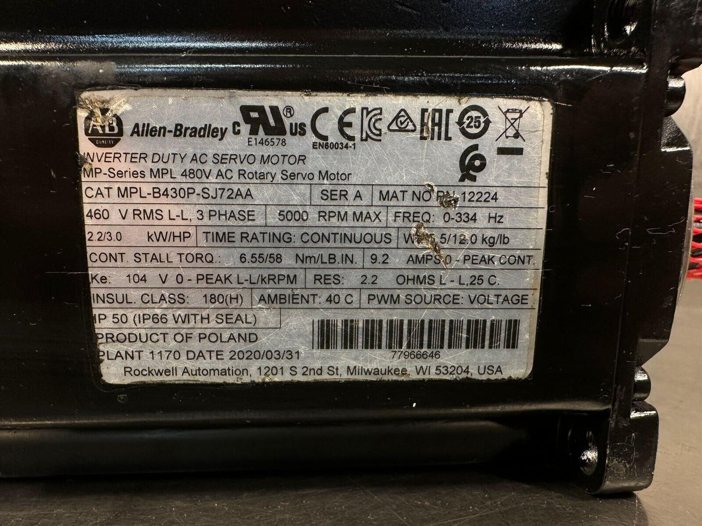 Allen Bradley MPL-B430P-SJ72AA SERVO MOTOR Ser.A 5000RPM  (1A-36)