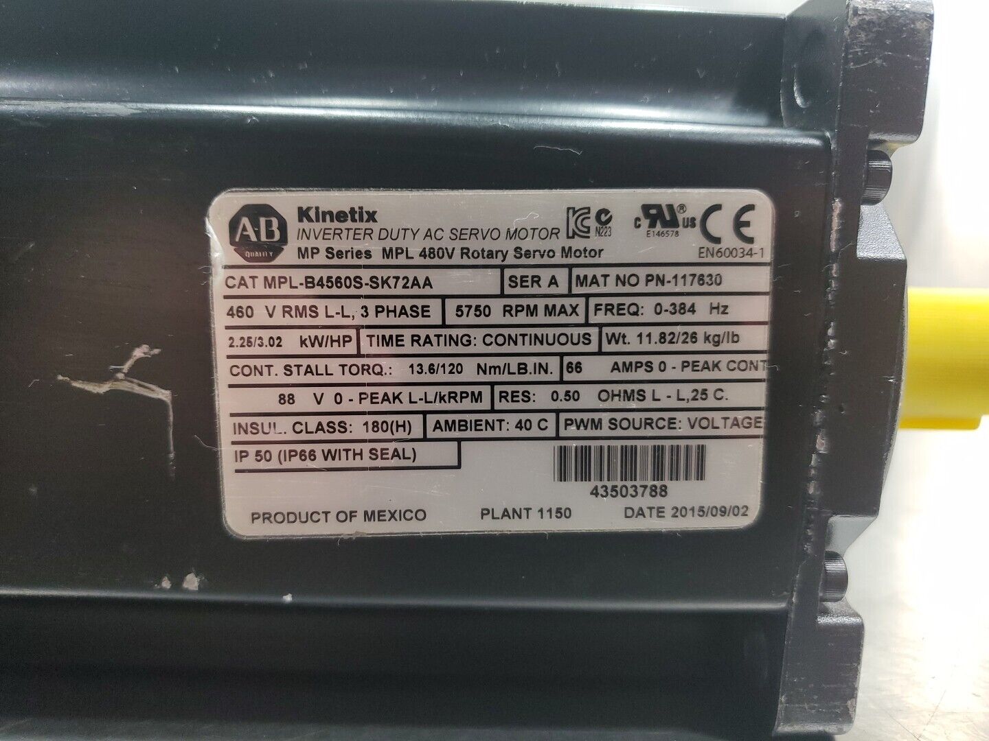 Allen Bradley MPL-B4560S-SK72AA 480V ROTARY SERVO MOTOR, 5750 RPM.            1E