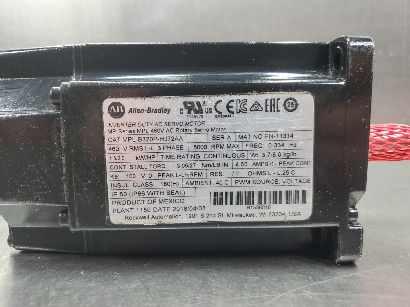 Allen Bradley MPL-B320P-HJ72AA MPL AC Rotary Servo Motor, 5000RPM.            1C