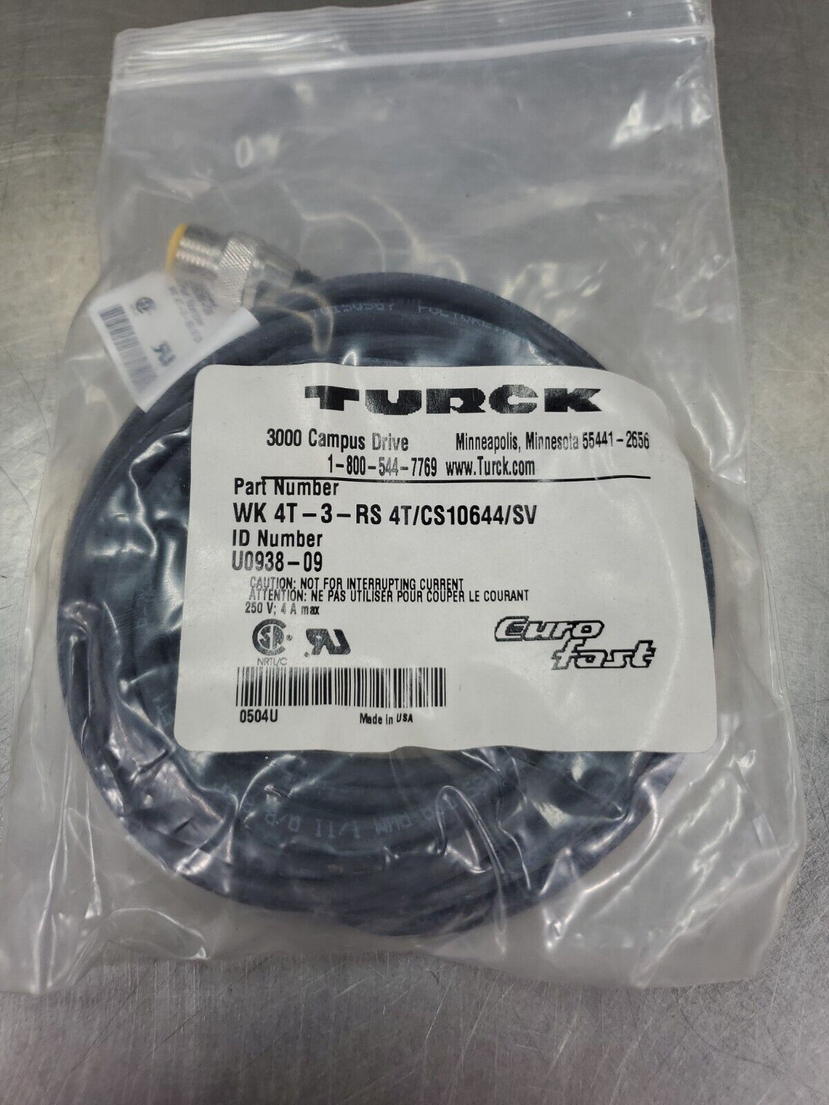 TURCK WK 4.4T-3-RS 4T/CS10644/SV (U0938-09) Cordset.                     5A-12/2