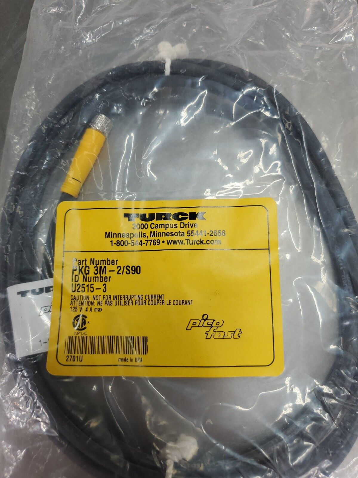 Turck PKG 3M-2/S90 (ID# U2515-3) Cable Unit.                             5A-12/2