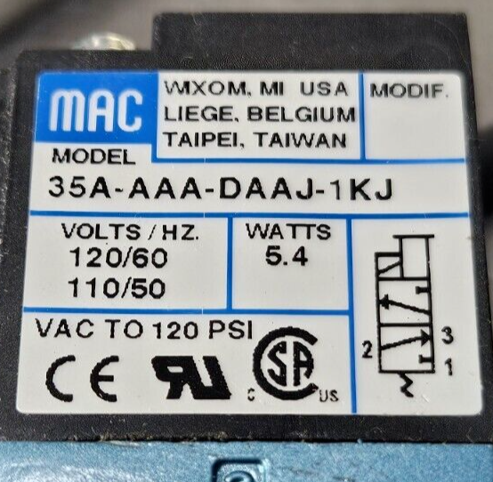 MAC 35A-AAA-DAAJ-1KJ Valve Solenoid 120V Coil w/Harness                  loc5B19