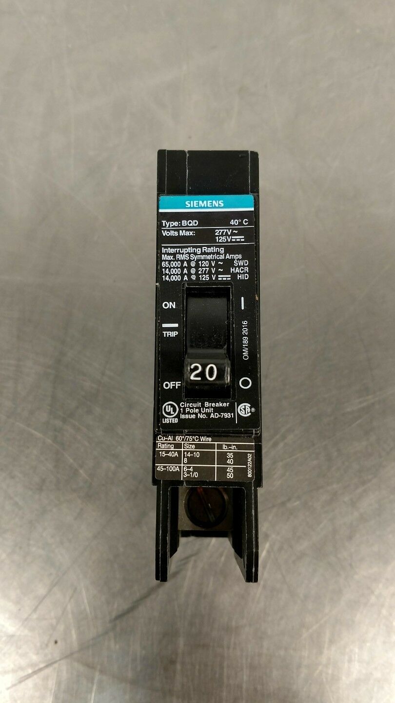 SIEMENS (BQD120) 20A Single Pole 277VAC 250VDC Bolt-On Circuit Breaker 4D