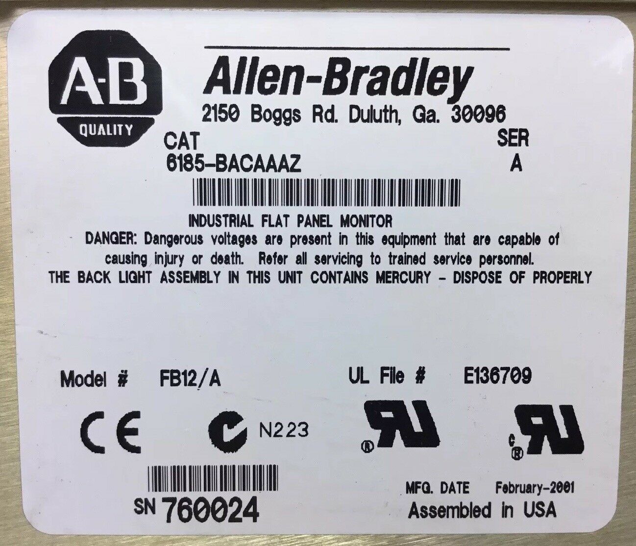 Allen-Bradley Operator Panel 6185-BACAAAZ Ser.A 100-240V 47-70HZ 1.5A    2E