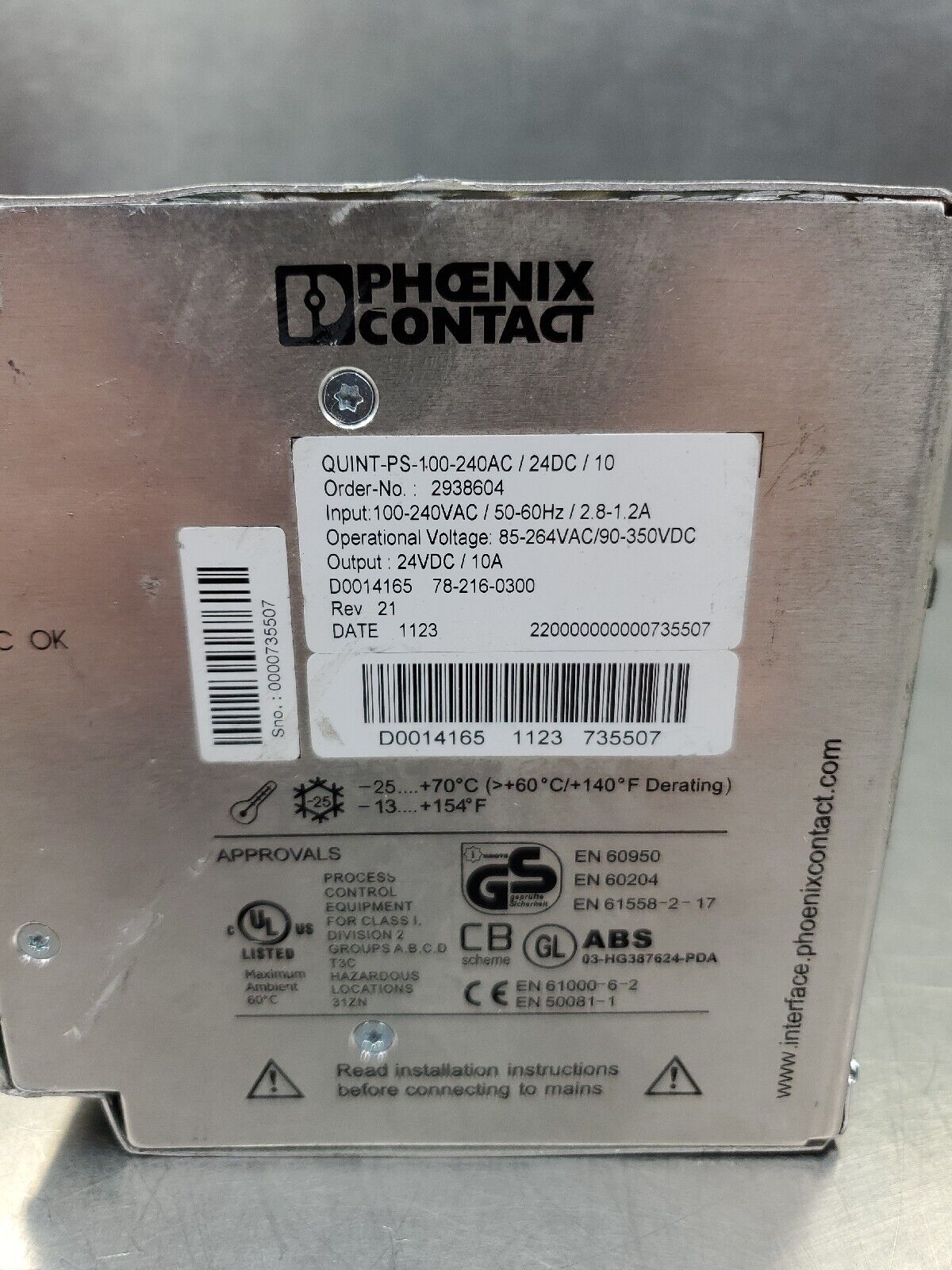 Phoenix Contact QUINT-PS-100-240AC/24DC/10 (2938604) Switching Power Supply.  4H