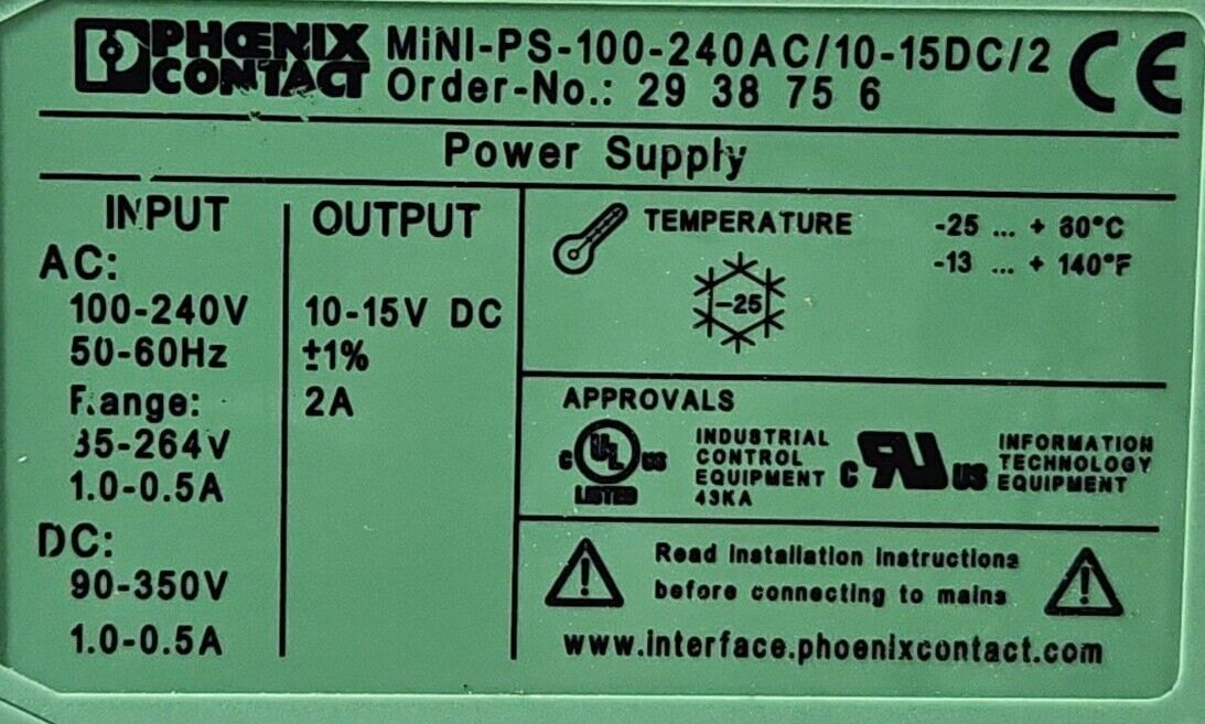 PHOENIX CONTACT MINI-PS-100-240AC/10-15DC/2 POWER SUPPLY.                  3B-19